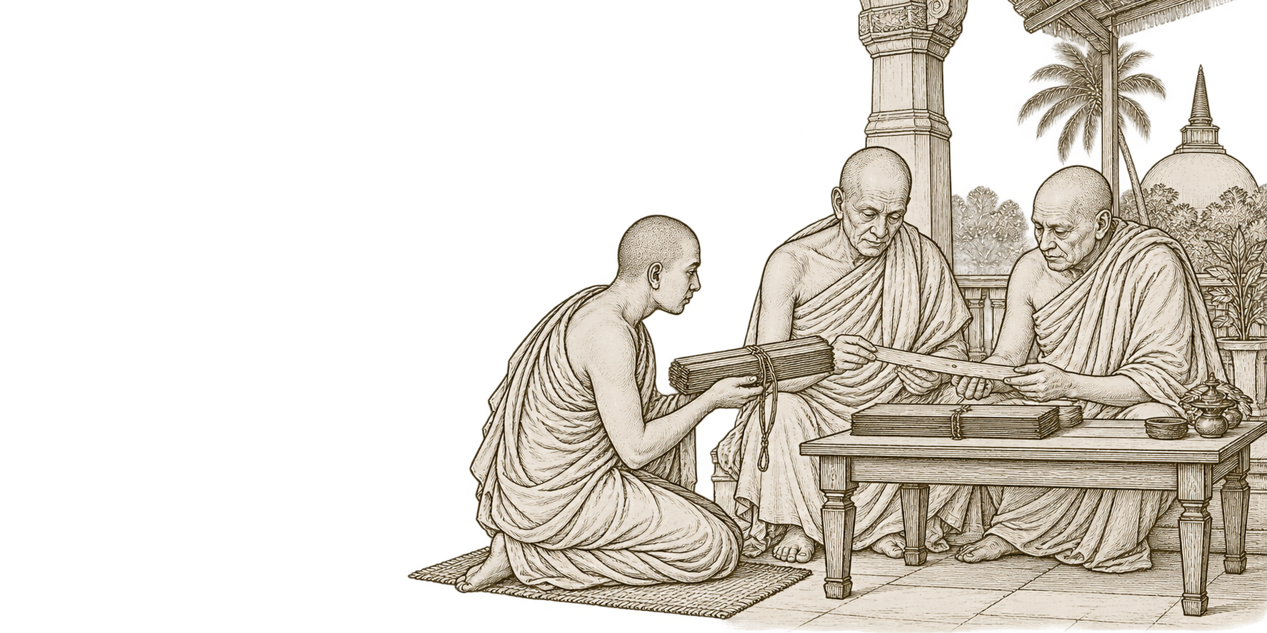 觉音尊者向长老呈示贝叶经卷的线描插画